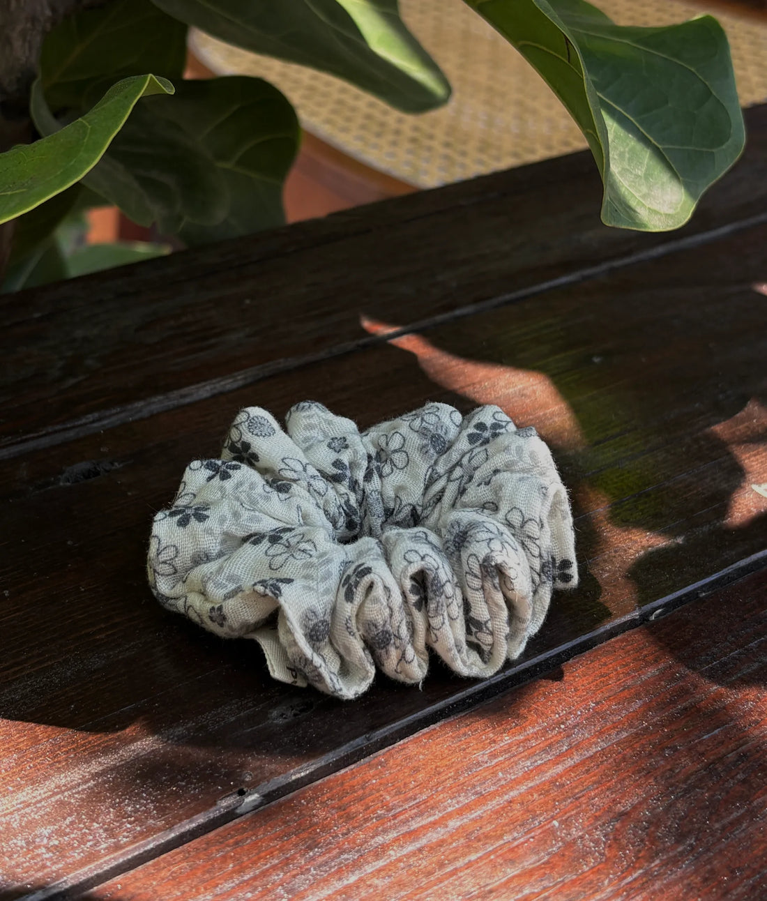 Beige Floral Scrunchie with Dark Gray Flowers