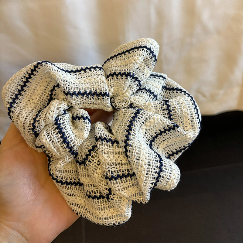 White & Navy Stripe Crochet Scrunchie hair accessory