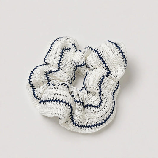 White & Navy Stripe Crochet Scrunchie hair accessory