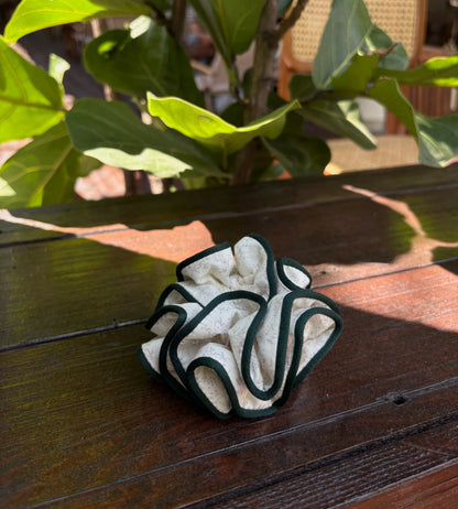 Cream & Dark Green Piped Fabric Scrunchie