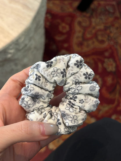 Beige Floral Scrunchie with Dark Gray Flowers