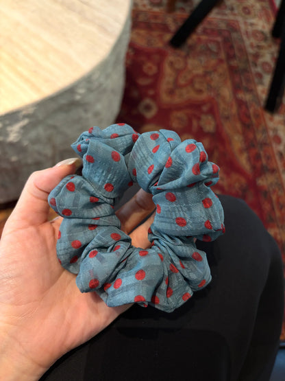 Blue Gray Red Dot Scrunchie