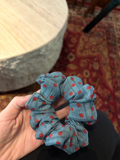Blue Gray Red Dot Scrunchie