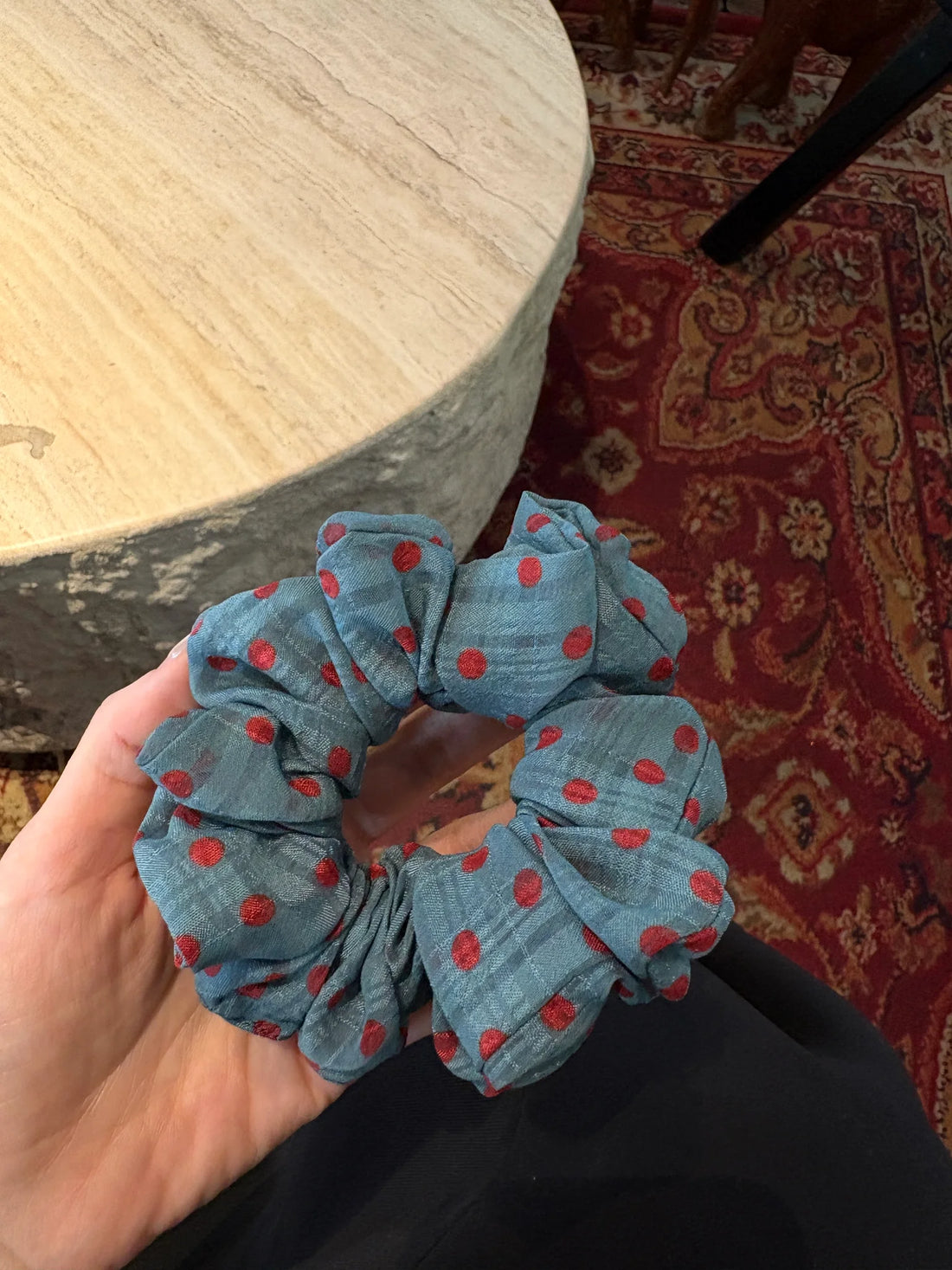 Blue Gray Red Dot Scrunchie