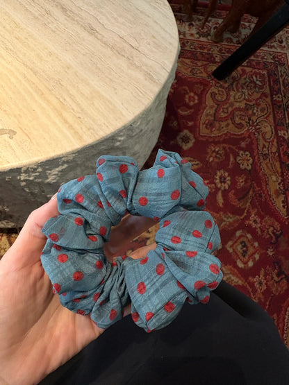 Blue Gray Red Dot Scrunchie