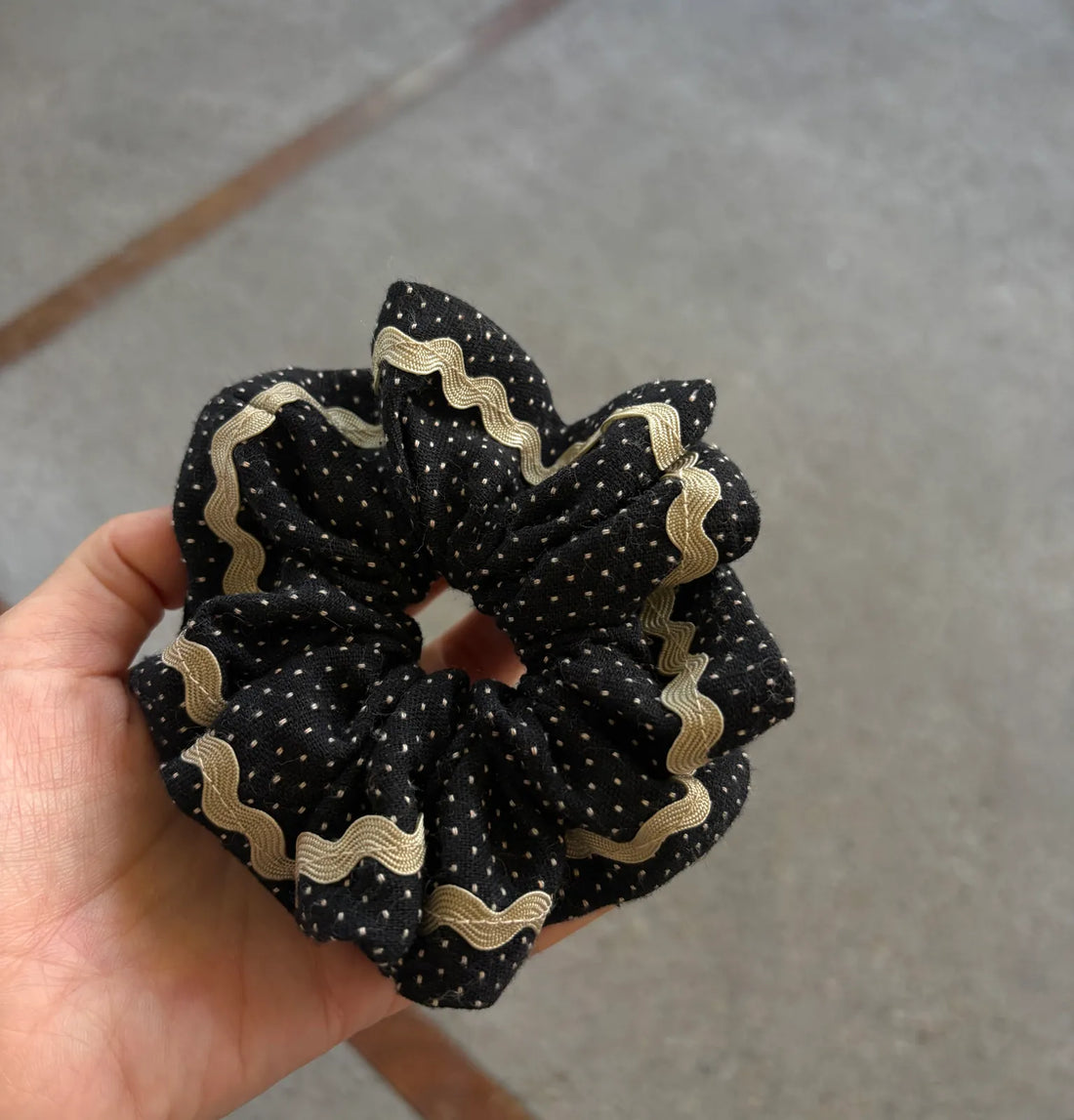 Black White Dot Scrunchie with Gold Wave Trim