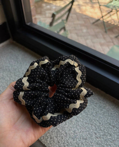 Black White Dot Scrunchie with Gold Wave Trim