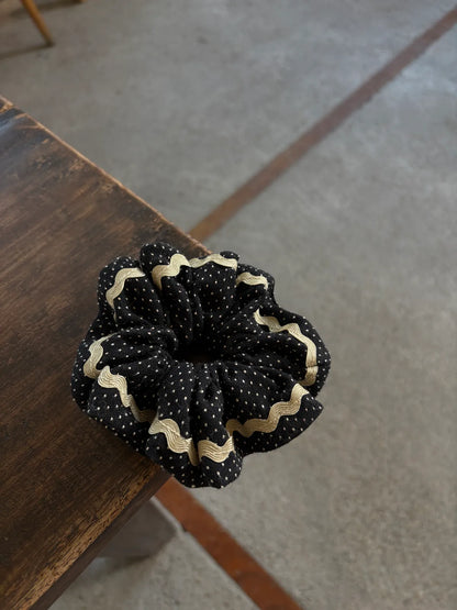 Black White Dot Scrunchie with Gold Wave Trim