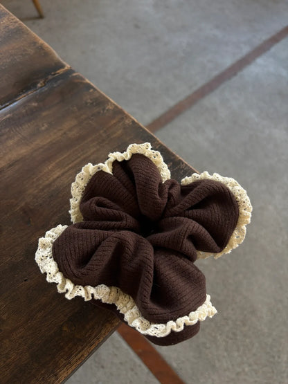 Dark Brown Ribbed Knit Scrunchie with Beige Lace Trim