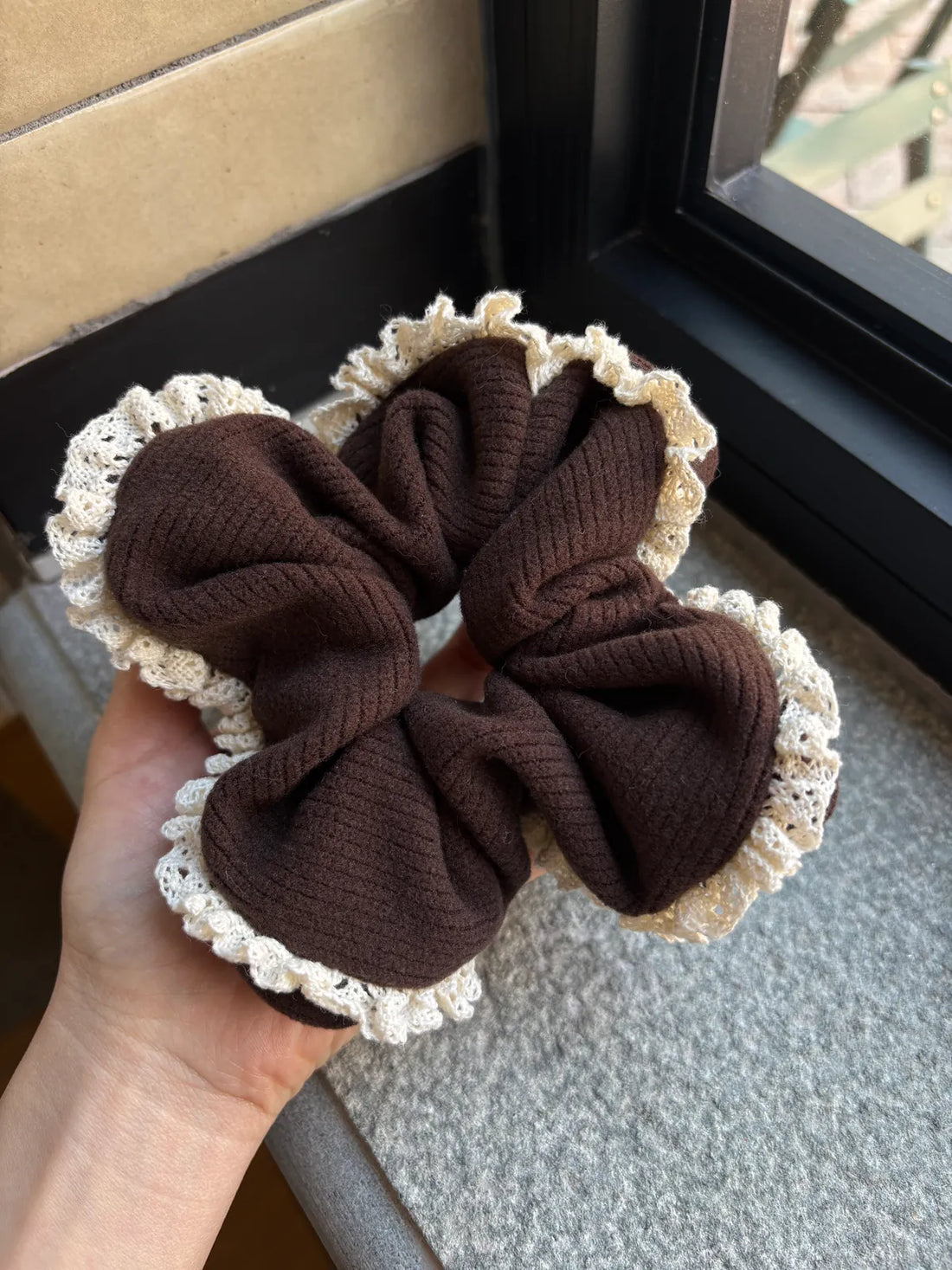 Dark Brown Ribbed Knit Scrunchie with Beige Lace Trim