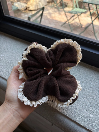 Dark Brown Ribbed Knit Scrunchie with Beige Lace Trim