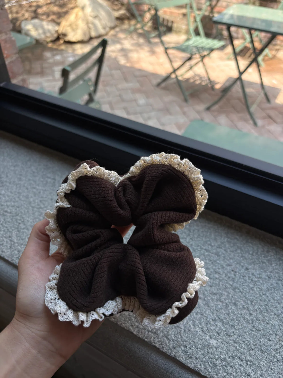 Dark Brown Ribbed Knit Scrunchie with Beige Lace Trim