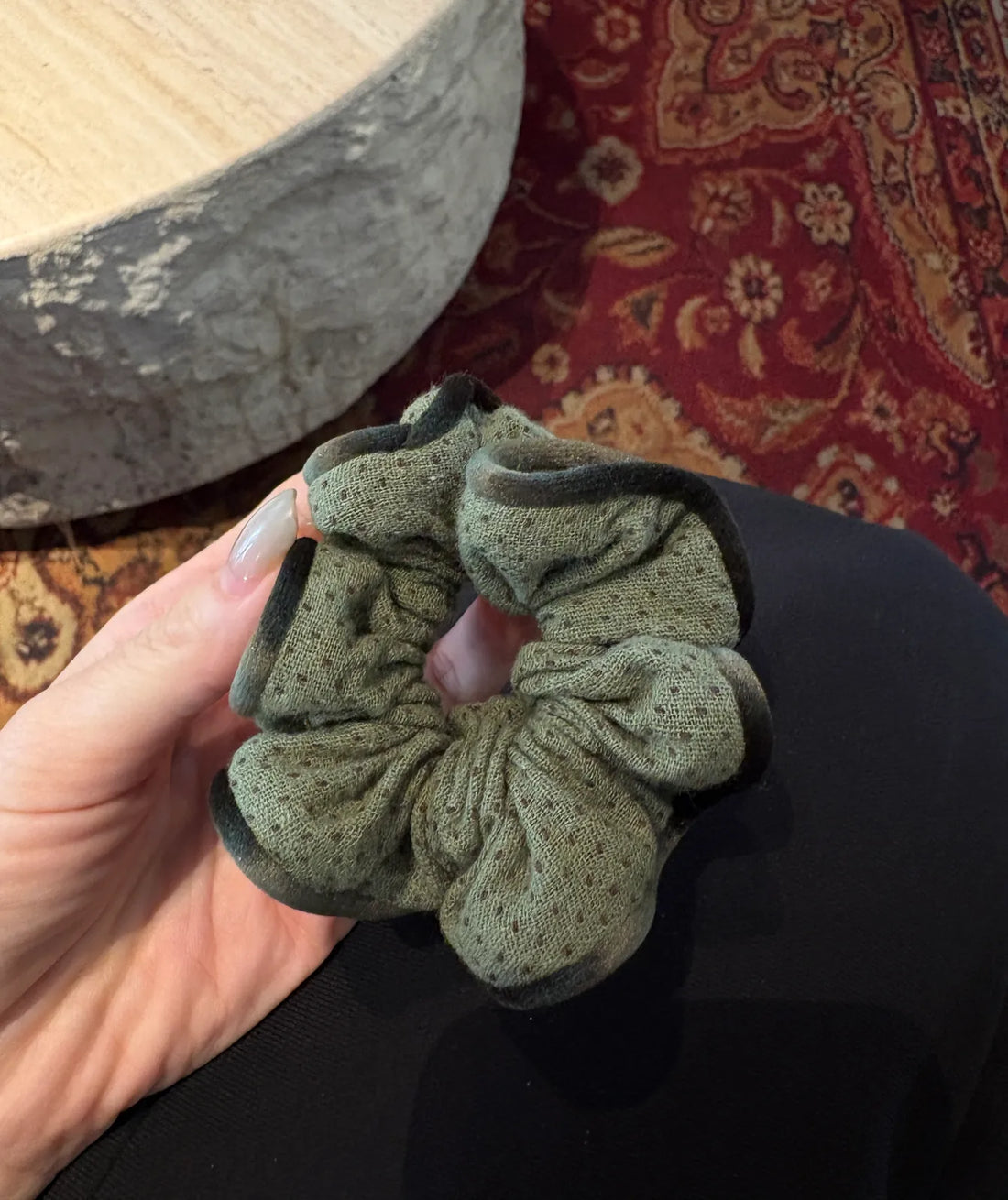 Olive Green Textured Scrunchie with Dark Trim