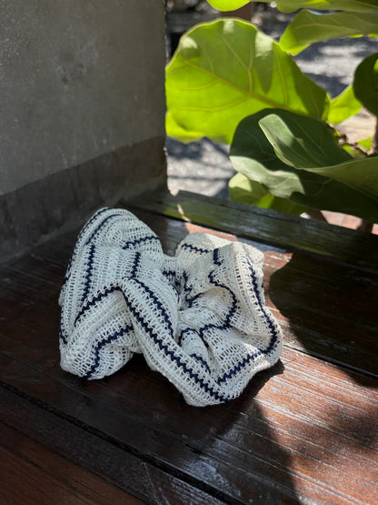 White & Navy Stripe Crochet Scrunchie