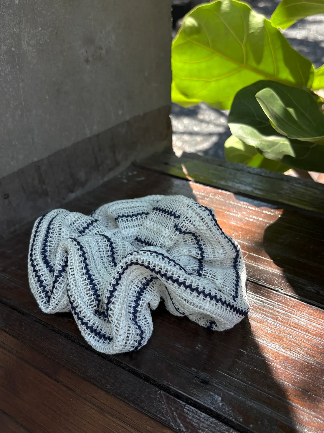 White & Navy Stripe Crochet Scrunchie