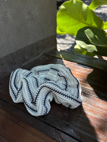 White & Navy Stripe Crochet Scrunchie
